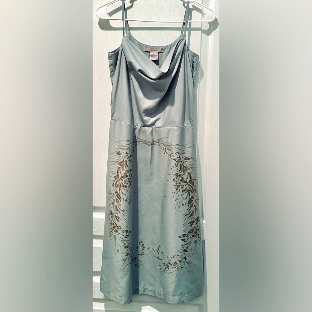 Rare Free People Drape Neck Slip Dress in Dusty Aqua w Abstract Scribbled Floral